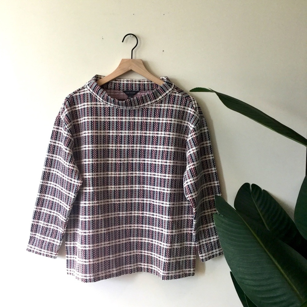 Ann Taylor Tweed Plaid Mock Neck Top